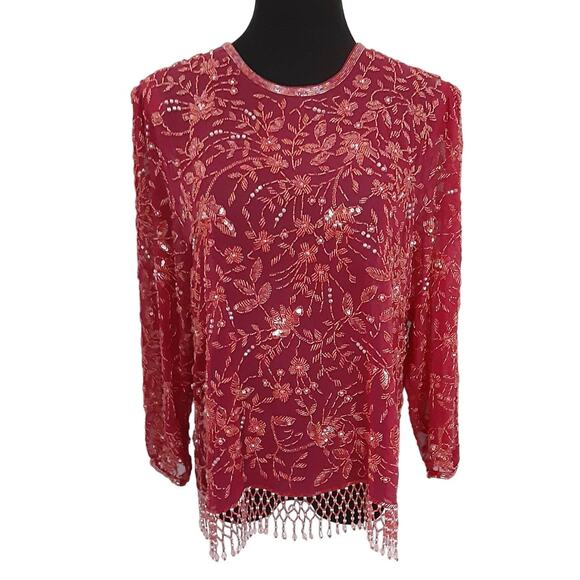 Vintage 70s Jack Bryan Beaded Sheer Silk Tunic Top Cherry Red Evening Holiday - Picture 2 of 15